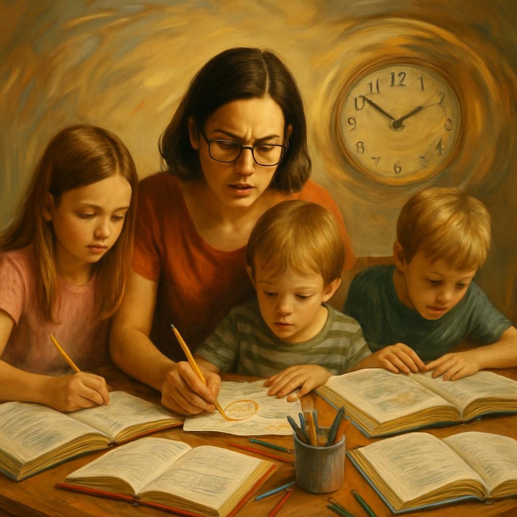 A creative, realistic scene showing a parent at a dining table homeschooling three children of different ages. The parent is surrounded by open textbooks, worksheets, colored pencils, and a clock in the background showing time passing rapidly. The atmosphere portrays both warmth and chaos: personalized attention with a hint of scattered lesson plans and a slight sense of time pressure. The scene should capture both the freedom to teach uniquely and the busy, relentless energy of homeschooling.